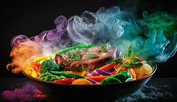 gourmet grelhado carne em de madeira mesa com legumes , generativo ai foto