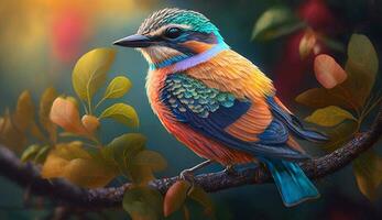 colorida pássaro empoleirar-se em árvore ramo ao ar livre , generativo ai foto
