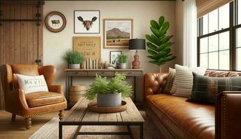 moderno, elegante vivo quarto com confortável sofás , generativo ai foto