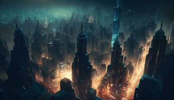 futurista arranha-céus brilho dentro da cidade noite Horizonte , generativo ai foto