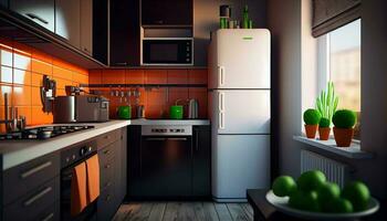 moderno cozinha Projeto com inoxidável aço eletrodomésticos , generativo ai foto