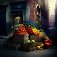 frutas e legumes loja dentro a beco , generativo ai foto