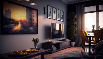 moderno apartamento com confortável mobília dentro natural iluminação , generativo ai foto