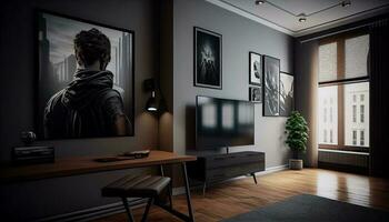 interior moderno apartamento Projeto com de madeira chão , generativo ai foto