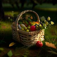 saudável frutas dentro cesta panorama cena , generativo ai foto