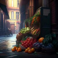 frutas e legumes loja dentro a rua urbano cena , generativo ai foto