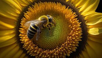 uma fechar acima do uma vibrante amarelo querida abelha em uma girassol gerado de ai foto