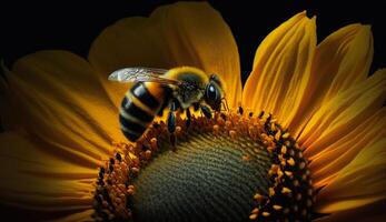 ocupado abelha poliniza amarelo flor dentro natureza beleza gerado de ai foto