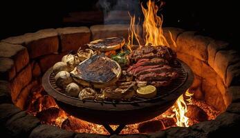 chama grelhado carne em espetos às churrasco piquenique , generativo ai foto