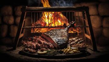 carne cozinhando em grade, fumaça e chamas , generativo ai foto