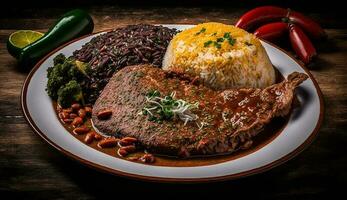 fresco, grelhado carne bife com vegetal salada , generativo ai foto