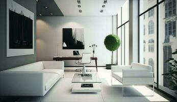 dentro de casa moderno doméstico quarto Projeto mesa sofá janela , generativo ai foto