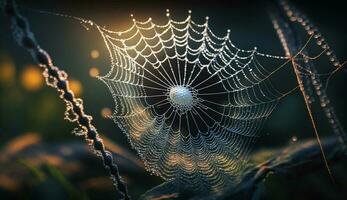 aranha rede brilha com orvalho dentro outono floresta , generativo ai foto