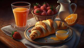 fresco fruta e croissant em rústico mesa , generativo ai foto