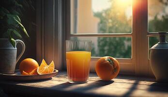 mesa com fruta e beber em de madeira fundo , generativo ai foto