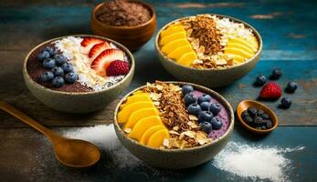 fresco mirtilo iogurte parfait com granola e framboesa , generativo ai foto