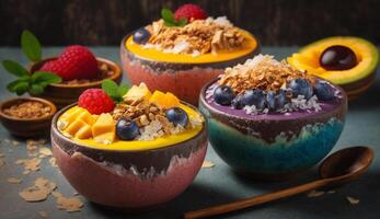 fresco fruta e iogurte tigela com granola , generativo ai foto