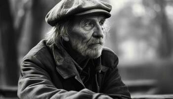 Senior homem sentado ao ar livre, olhando triste, cinzento cabelo e barba gerado de ai foto