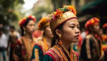 colorida parada comemora tradicional roupas e espiritualidade dentro rural Ásia gerado de ai foto
