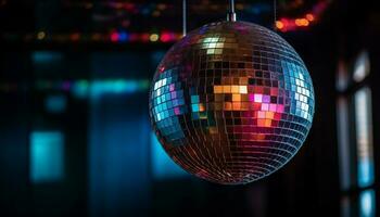 vibrante vida noturna acendendo Diversão às moderno discoteca clube com cintilante esfera gerado de ai foto