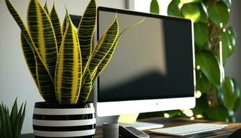 interior escritório moderno escrivaninha computador em vaso plantas gerado de ai foto