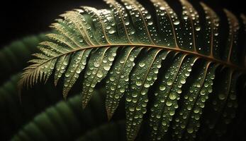 fresco verde folha com gotas de orvalho brilhante dentro luz solar gerado de ai foto