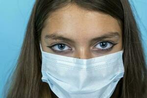 retrato jovem mulher dentro médico face mascarar. cobiçado foto