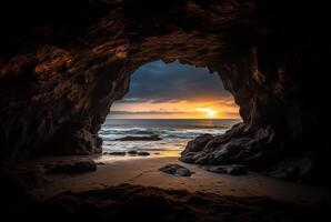 panorama Visão do a beleza do a de praia a partir de dentro a caverna. generativo ai foto