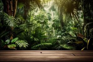 esvaziar do madeira mesa topo em lindo tropical folha a partir de jardim backgrounds.generative ai foto