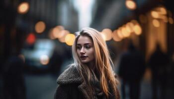 uma lindo jovem mulher, iluminado de rua luzes, caminhando sozinho gerado de ai foto