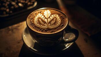 uma espumoso cappuccino em uma rústico mesa com coração em forma espuma gerado de ai foto