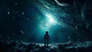 silhueta do a astronauta em pé dentro profundo azul galáxia panorama gerado de ai foto