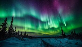 noite céu iluminado de aurora polaris sobre majestoso montanha alcance gerado de ai foto