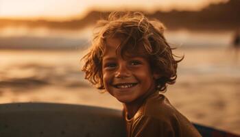 uma despreocupado Garoto com uma cheio de dentes sorrir goza surfar às pôr do sol gerado de ai foto