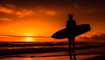 1 pessoa segurando prancha de surfe, em pé em litoral às pôr do sol gerado de ai foto