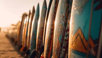uma pilha do vibrante pranchas de surf dentro uma linha em areia gerado de ai foto
