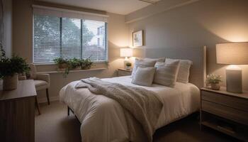 moderno luxo hotel suíte com confortável Duplo cama e elegante decoração gerado de ai foto