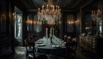 luxo jantar quarto com elegante lustre, moderno Projeto e confortável cadeiras gerado de ai foto
