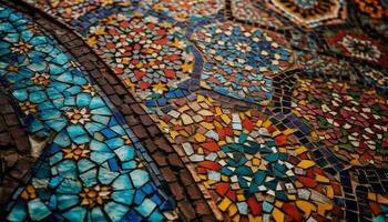 ornamentado manchado vidro janela vitrines vibrante mosaico padronizar e Projeto gerado de ai foto