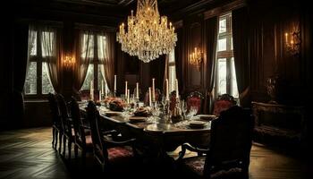 luxo jantar quarto com elegante decoração, moderno lustre, e confortável assentos gerado de ai foto