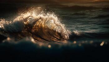 homens surfar às crepúsculo, pulverização água dentro extremo esporte aventura gerado de ai foto