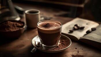 uma espumoso cappuccino em uma rústico de madeira mesa com livro gerado de ai foto