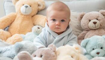 uma alegre criança pequena jogando com uma Urso de pelúcia urso, olhando às Câmera gerado de ai foto