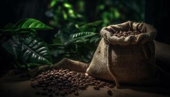 orgânico café feijões dentro serapilheira saco, uma rústico ainda vida gerado de ai foto