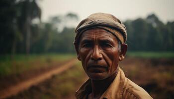 sorridente agricultor dentro tradicional roupas parece às Câmera em Fazenda gerado de ai foto