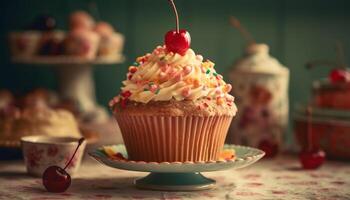 uma gourmet Bolinho com fresco fruta decoração para aniversário celebração gerado de ai foto