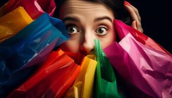 fofa criança segurando colorida presente bolsa, sorridente com excitação gerado de ai foto