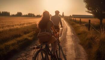 uma despreocupado casal abraços beleza enquanto ciclismo dentro natureza Prado gerado de ai foto