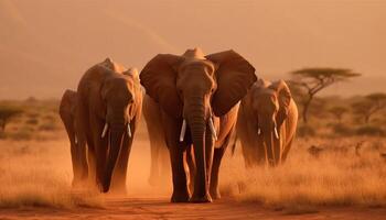 africano elefante rebanho caminhando dentro uma linha às pôr do sol safári gerado de ai foto