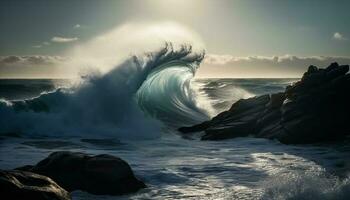 beleza dentro natureza majestoso ondas batida em rochoso litoral às pôr do sol gerado de ai foto